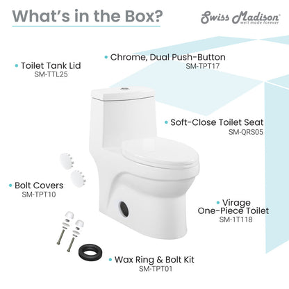 Elongated one-piece toilet with dual-flush and soft-close seat, white ceramic, modern design.