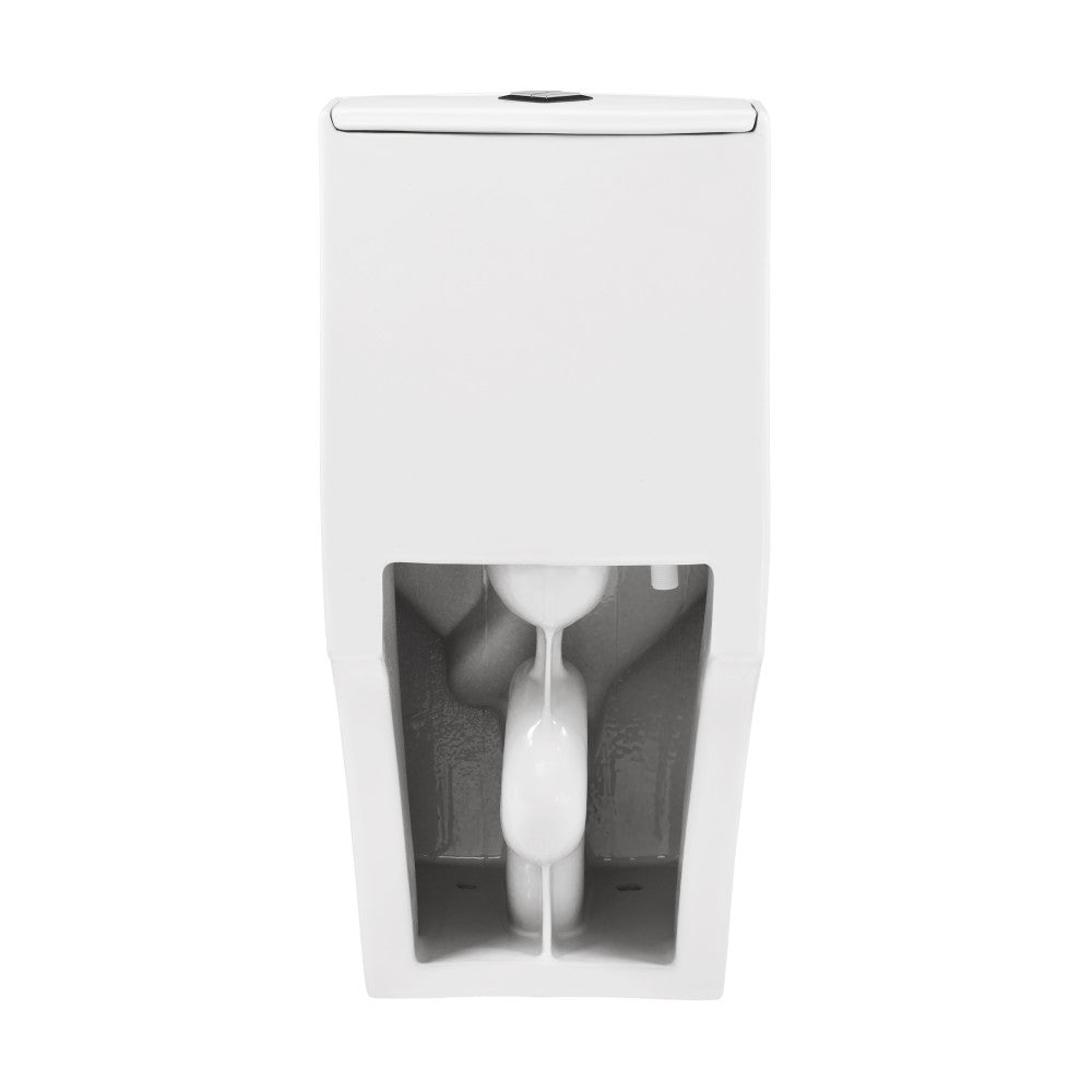 Elongated one-piece square toilet with dual flush and skirted trapway in white.
