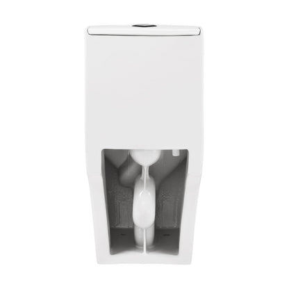 Elongated one-piece square toilet with dual flush and skirted trapway in white.