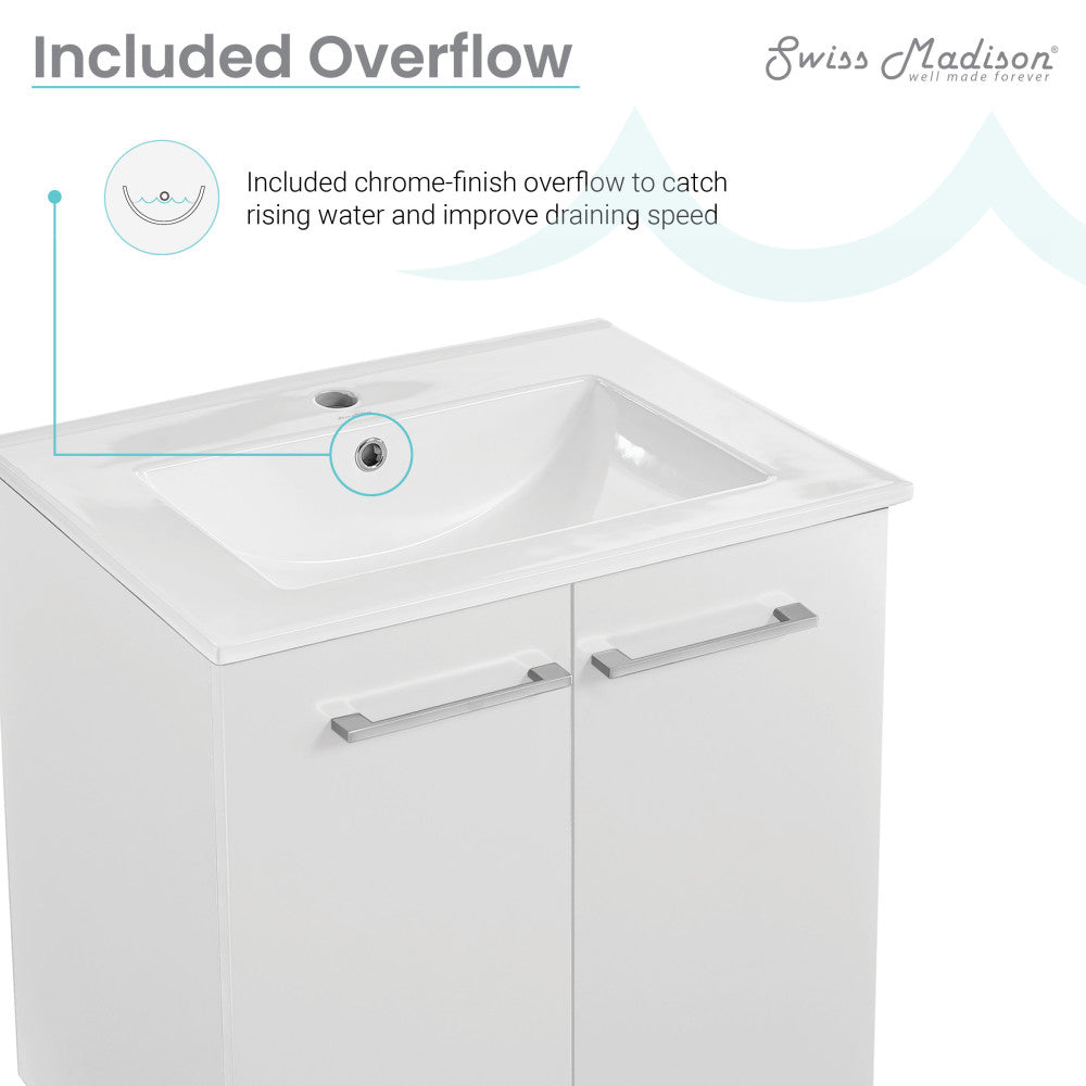 24-inch freestanding white bathroom vanity with sink top, soft-close doors, modern design.