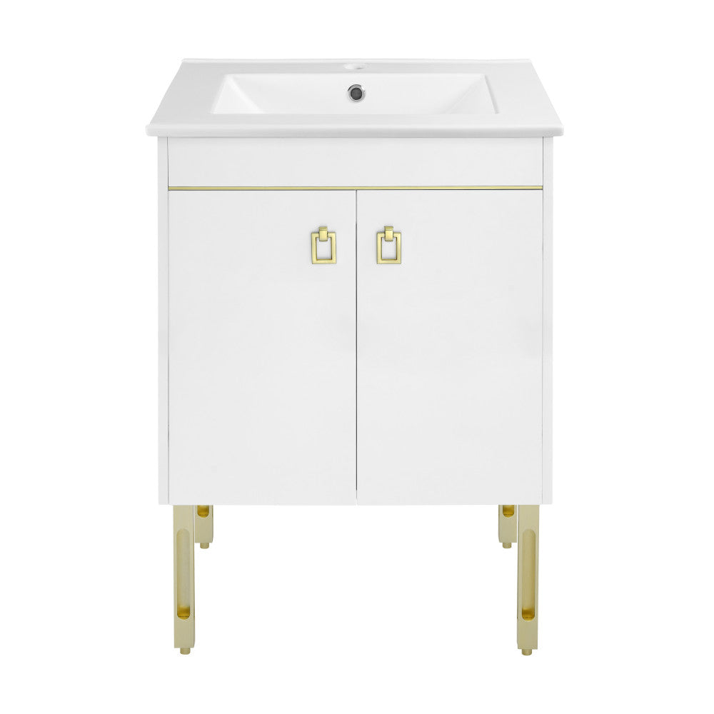 24-inch freestanding white bathroom vanity with sink top, gold accents, and two cabinet doors.
