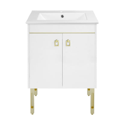 24-inch freestanding white bathroom vanity with sink top, gold accents, and two cabinet doors.
