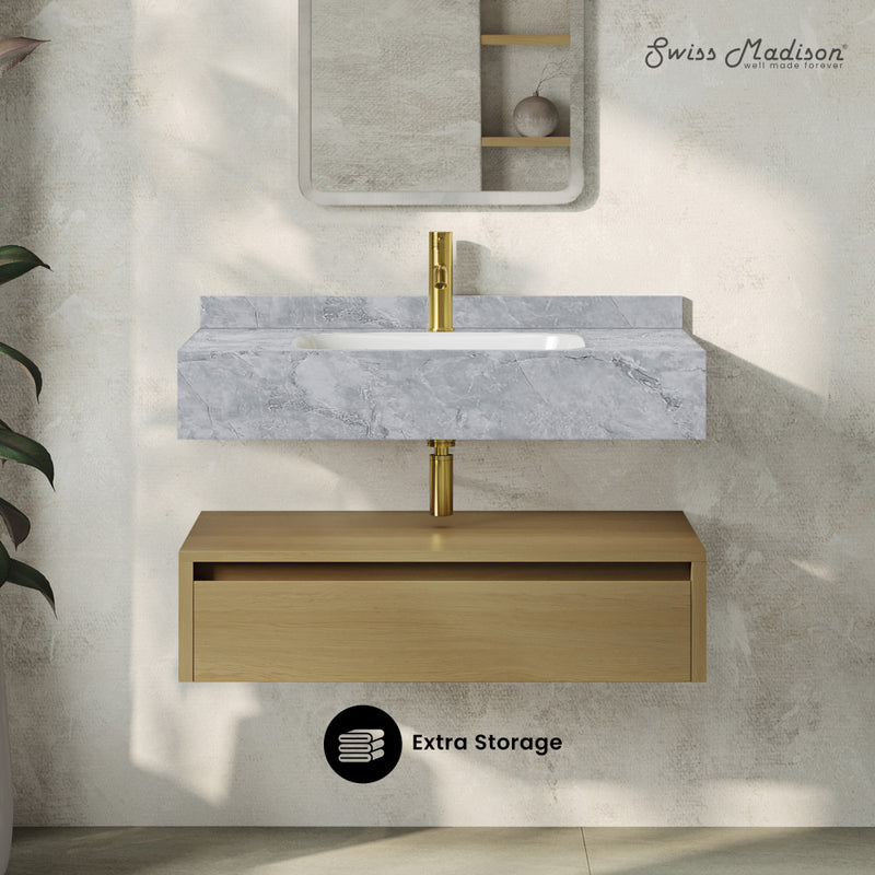 Avancer 36" Wall-Mounted Bathroom Vanity in Natural Oak with Storm Gray Sink Top