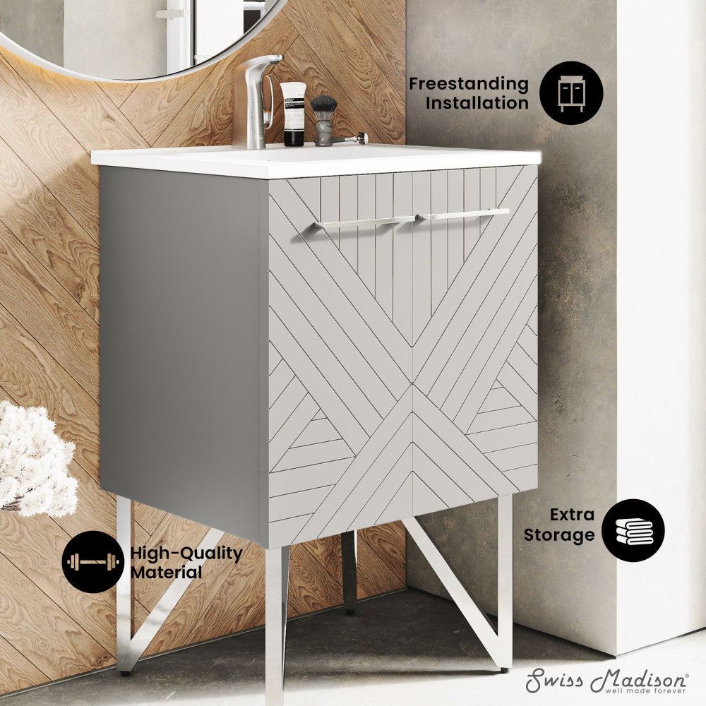 24-inch freestanding bathroom vanity in greige with single sink and soft-close doors.