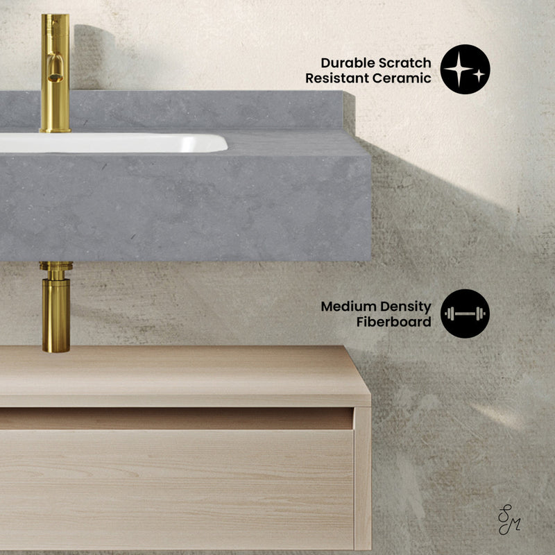 Avancer 36" Wall-Mounted Bathroom Vanity in White Oak with Charcoal Gray Sink Top