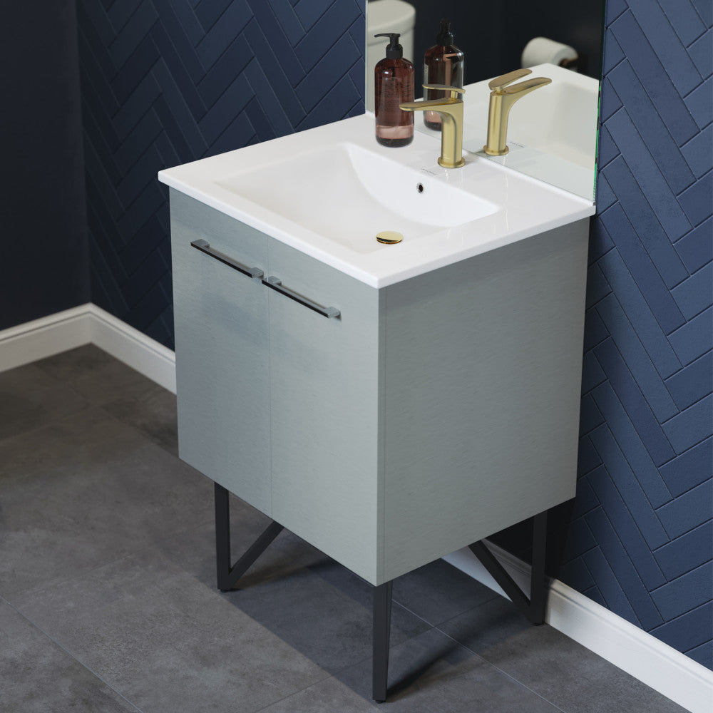 24-inch freestanding gray bathroom vanity with single integrated white sink and metal handles.