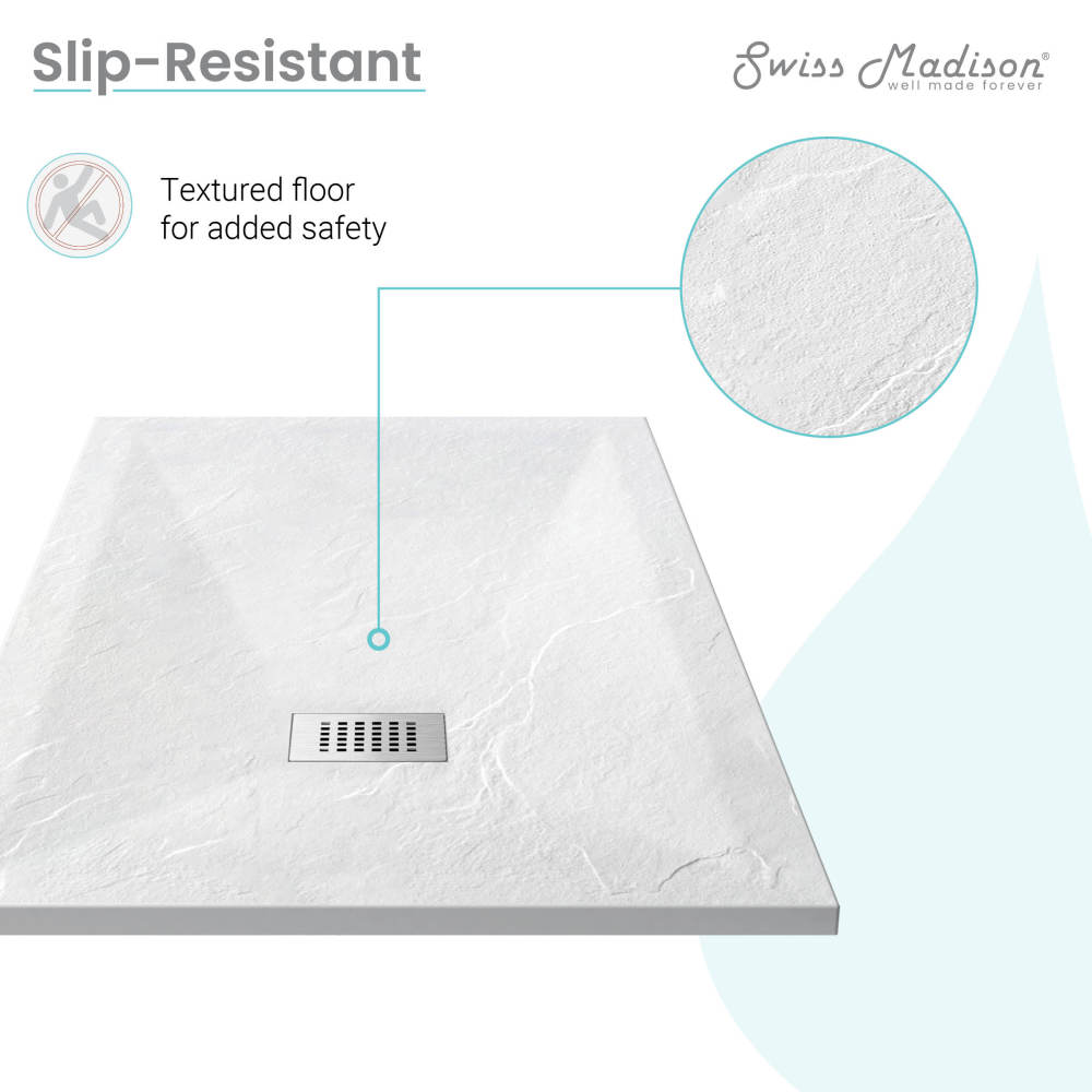 48-inch by 32-inch rectangular shower base with reversible drain and slip-resistant textured floor.