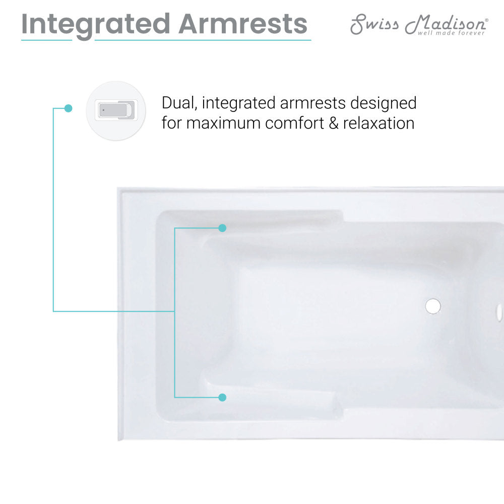 Glossy white alcove skirted bathtub 54x30 inch with right drain and integrated armrests for soaking.
