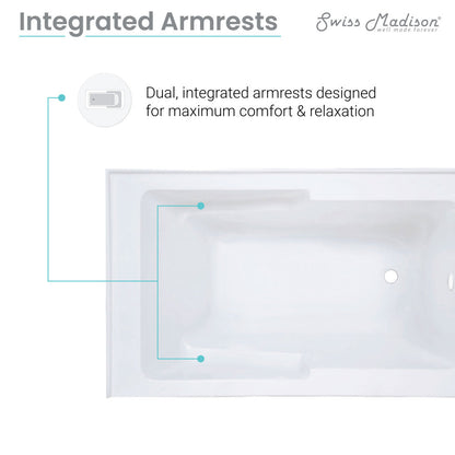 Glossy white alcove skirted bathtub 54x30 inch with right drain and integrated armrests for soaking.