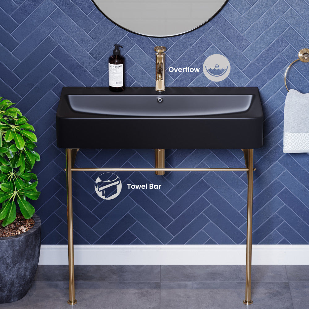 Carre 36 Ceramic Console Sink Matte Black Basin Gold Legs