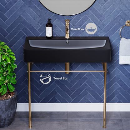 Carre 36 Ceramic Console Sink Matte Black Basin Gold Legs