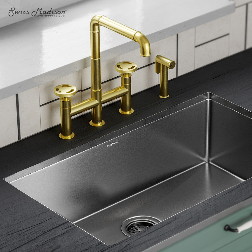 Avallon Pro Widespread Kitchen Faucet with Side Sprayer in Brushed Gold