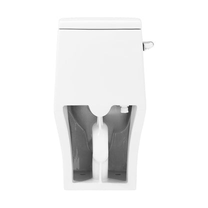 Elongated one-piece toilet with left side flush and 1.28 gallons per flush, white ceramic finish.
