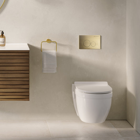 Ivy Wall-Hung Toilet Bundle 0.8/1.6 GPF Dual Flush in Glossy White with Brass Flush Plate