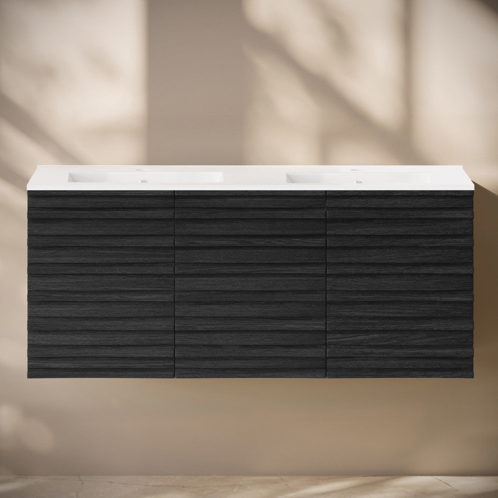 Cascade 48" Wall-Mounted Bathroom Vanity in Black Oak with Double Basin Sink Top