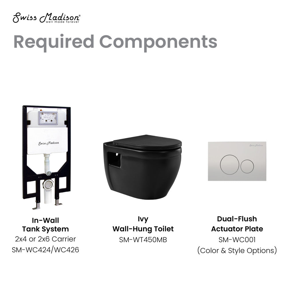 Elongated wall-hung toilet bowl in matte black with dual flush actuator plate and in-wall tank system.