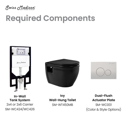 Elongated wall-hung toilet bowl in matte black with dual flush actuator plate and in-wall tank system.