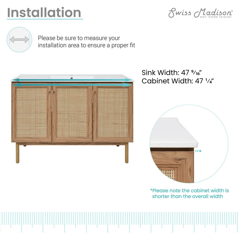 48-inch freestanding bathroom vanity in golden oak with single sink, soft-close doors.