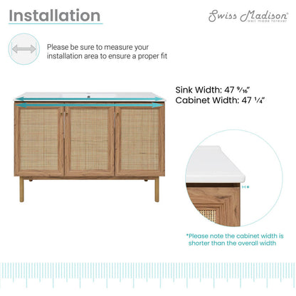 48-inch freestanding bathroom vanity in golden oak with single sink, soft-close doors.