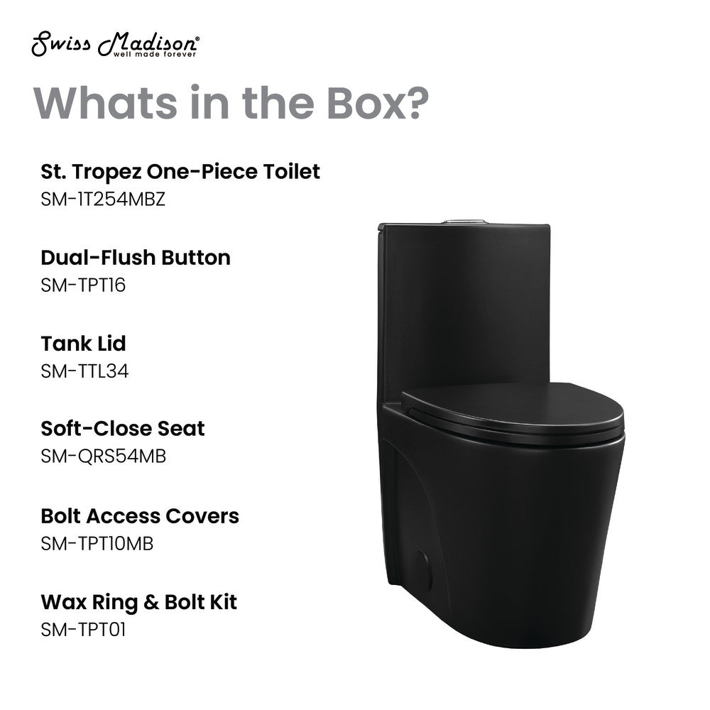 Elongated one-piece toilet in matte black with dual vortex flush and soft-close seat.