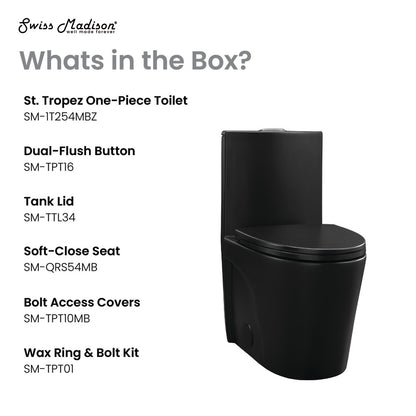 Elongated one-piece toilet in matte black with dual vortex flush and soft-close seat.