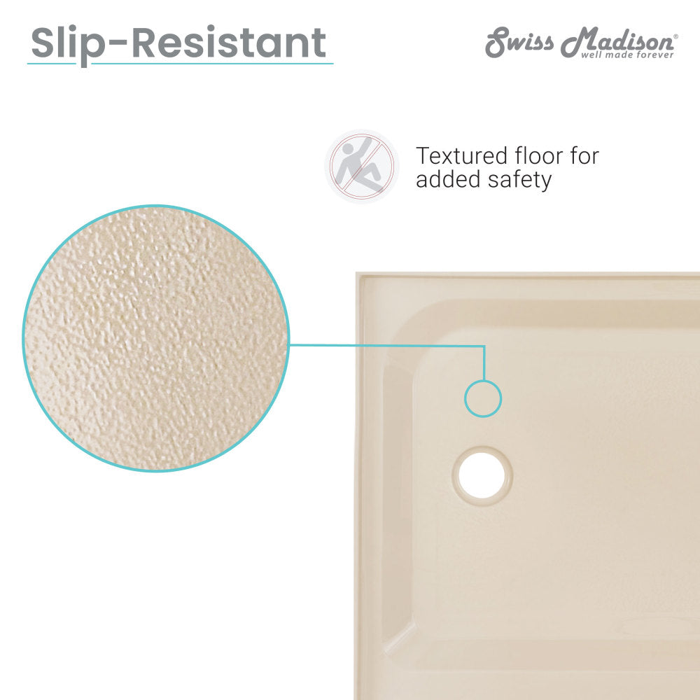 36" x 36" single-threshold shower base in biscuit, center drain, textured slip-resistant floor.