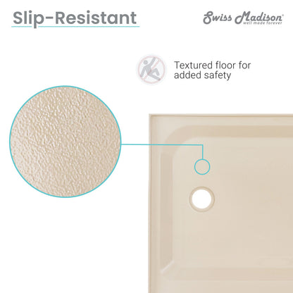 36" x 36" single-threshold shower base in biscuit, center drain, textured slip-resistant floor.