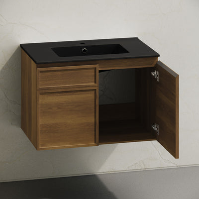 St. Tropez 30" Wall-Mounted Bathroom Vanity in Brown Oak with Black Sink Top