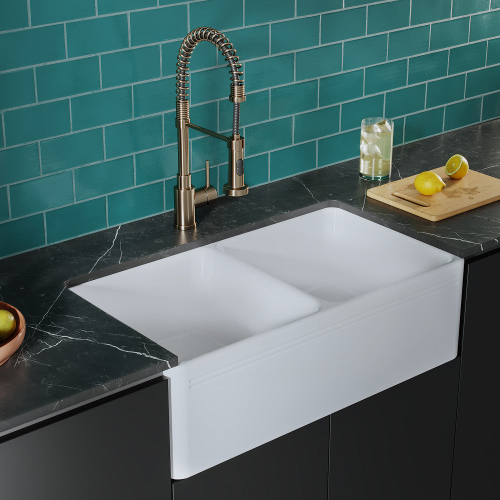 34-inch glossy white double basin ceramic farmhouse kitchen sink, apron front design.