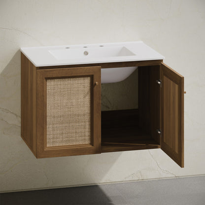 Classe 30" Wall-Mounted Bathroom Vanity in Brown Oak with Widespread Faucet Holes Vanity Top