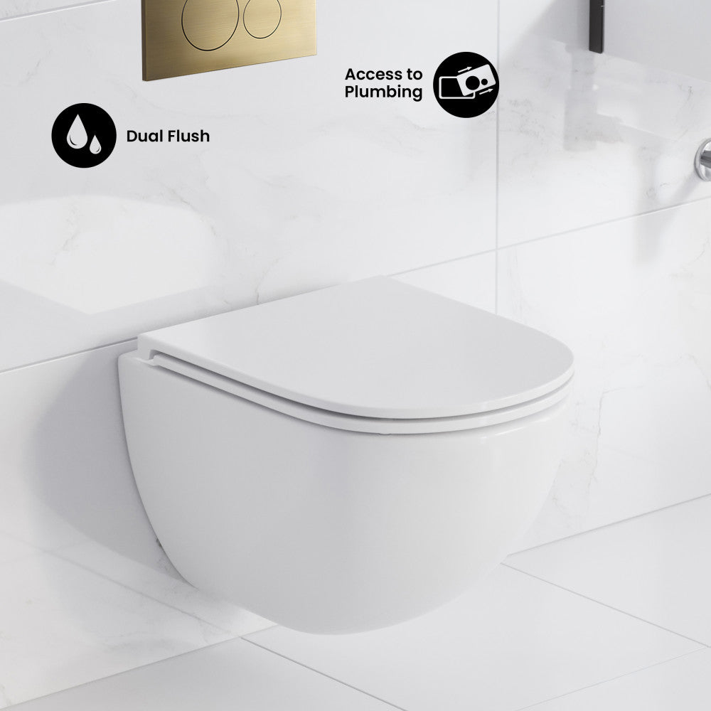 St. Tropez Wall-Hung Toilet Bundle 0.8/1.6 GPF Dual Flush in Glossy White with Brass Flush Plate