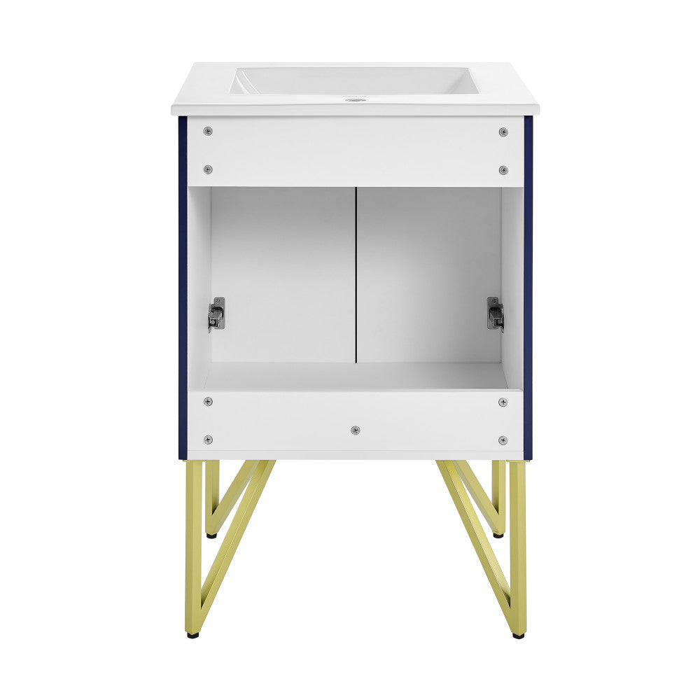 24-inch freestanding bathroom vanity in navy blue with white sink top and gold metal legs, soft-close doors.
