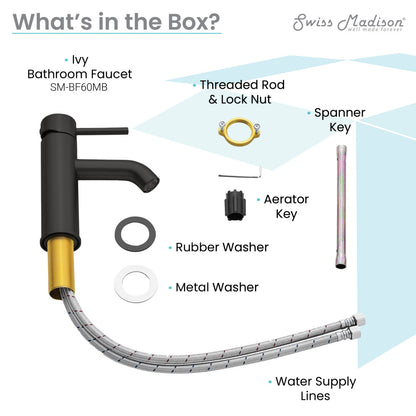 Single-handle bathroom faucet in matte black with curved spout and braided water supply hose.