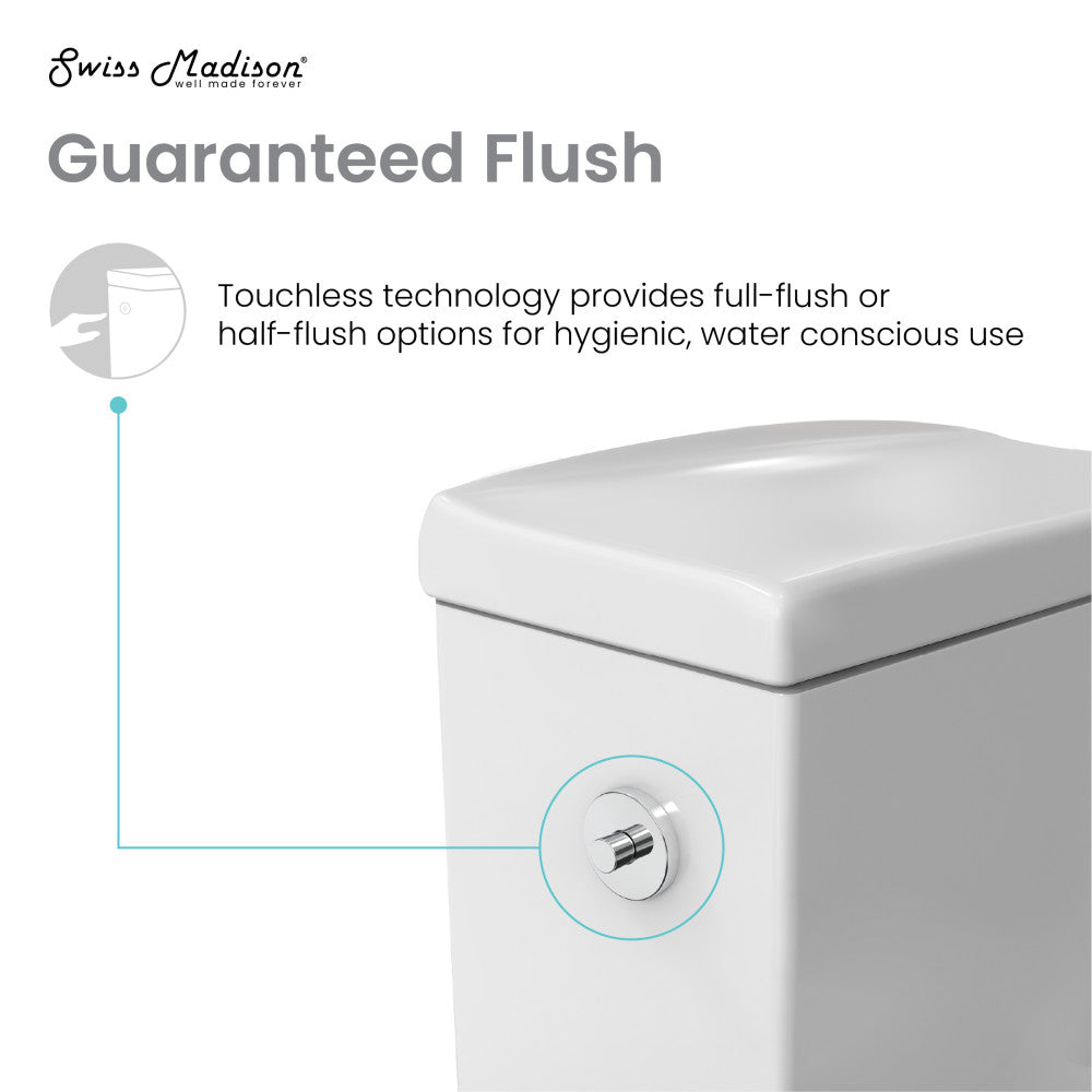 Elongated one-piece toilet with dual-flush touchless button in white porcelain.