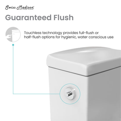 Elongated one-piece toilet with dual-flush touchless button in white porcelain.