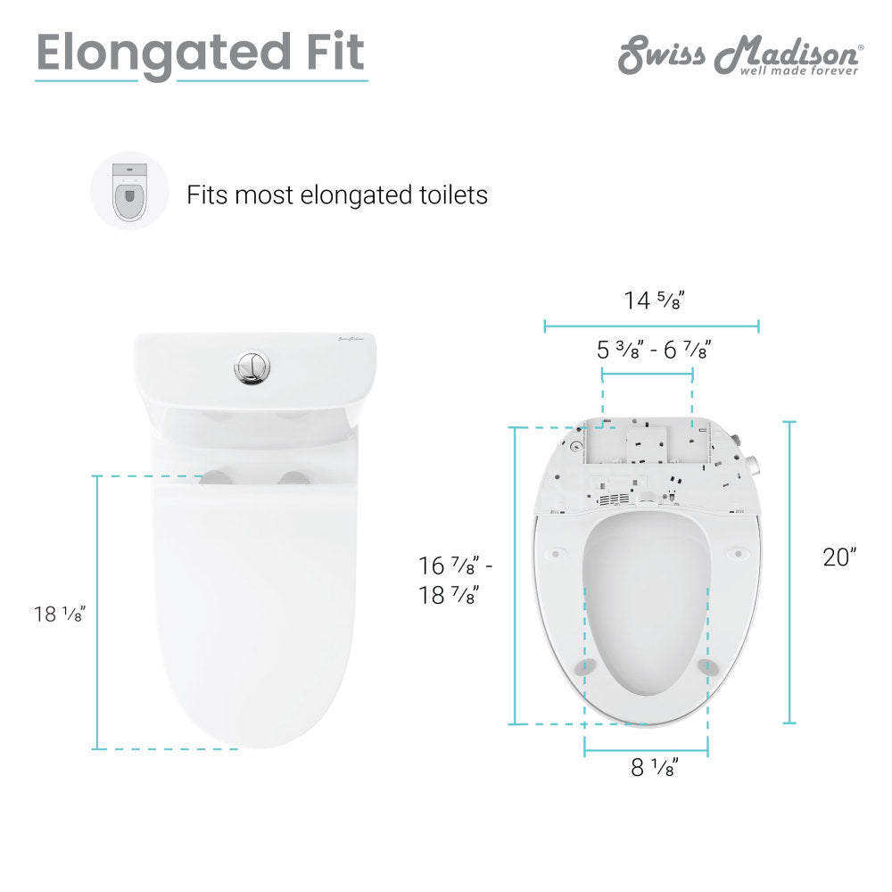 White elongated smart toilet seat bidet with built-in bidet nozzle and control dial.
