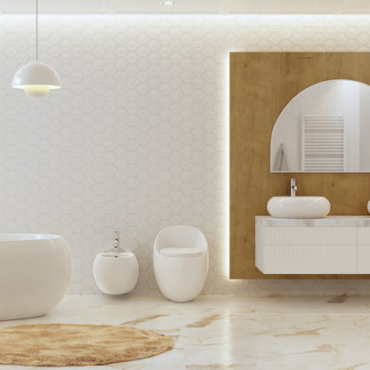Round one-piece toilet with top flush, compact design, white ceramic finish.