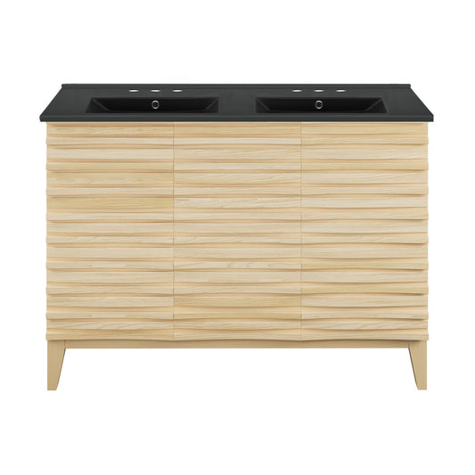 Cascade 48 in. Natural Oak, Double Basin Bathroom Vanity With Black, 3-Hole Centerset Ceramic Sink Top