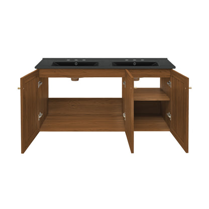 Classe 48" Wall-Mounted Bathroom Vanity in Brown Oak with Black 3-Hole Centerset Double Basin Sink Top