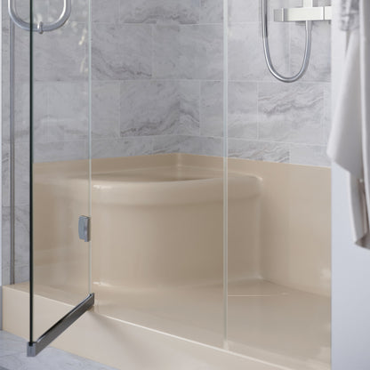 60" x 32" biscuit shower base with right-hand drain and integral left-hand seat.
