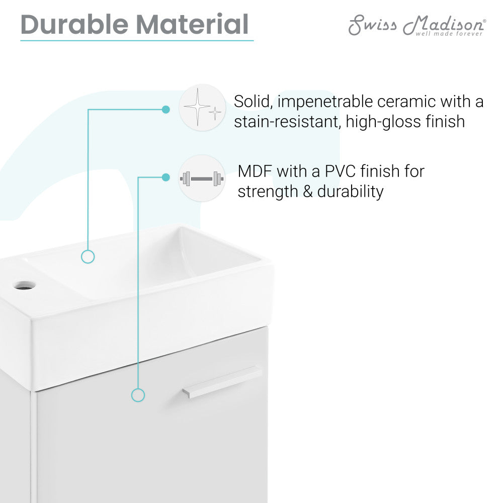 18-inch wall-mounted white bathroom vanity with single integrated ceramic sink and glossy finish.