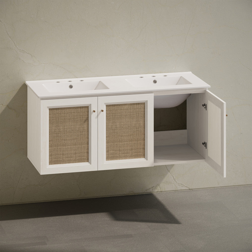 Classe 48" Wall-Mounted Bathroom Vanity in White Oak with Double Basin Widespread Faucet Holes Vanity Top