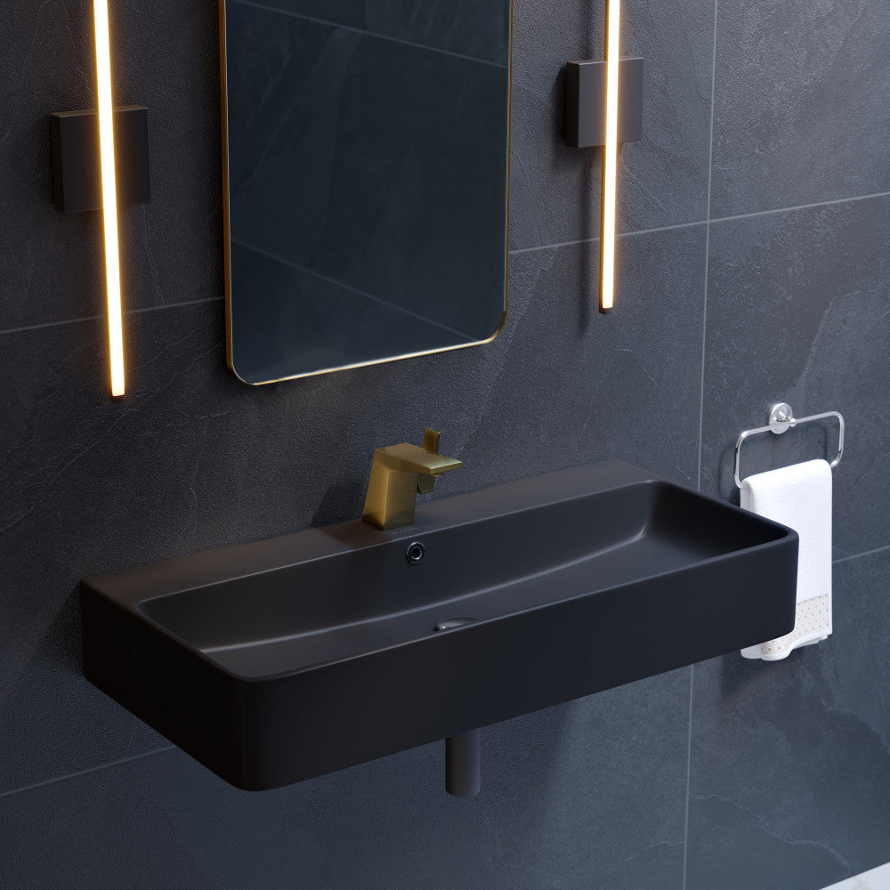 36" wall-mount rectangular bathroom sink in matte black, integrated basin with smooth edges.