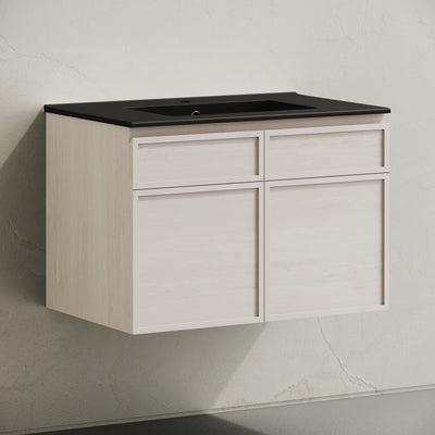 St. Tropez 30" Wall-Mounted Bathroom Vanity in White Oak with Black Sink Top