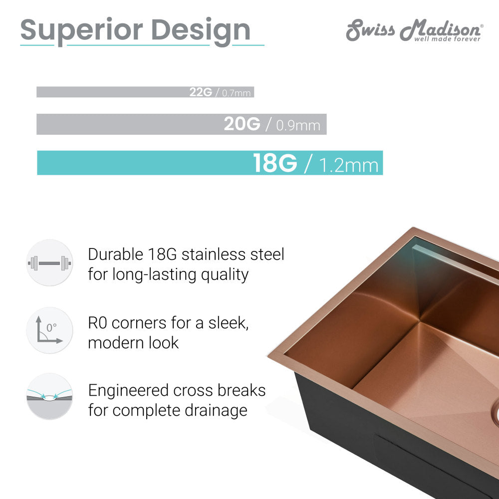 18 gauge polished rose gold stainless steel undermount kitchen sink with R0 corners and engineered drainage.