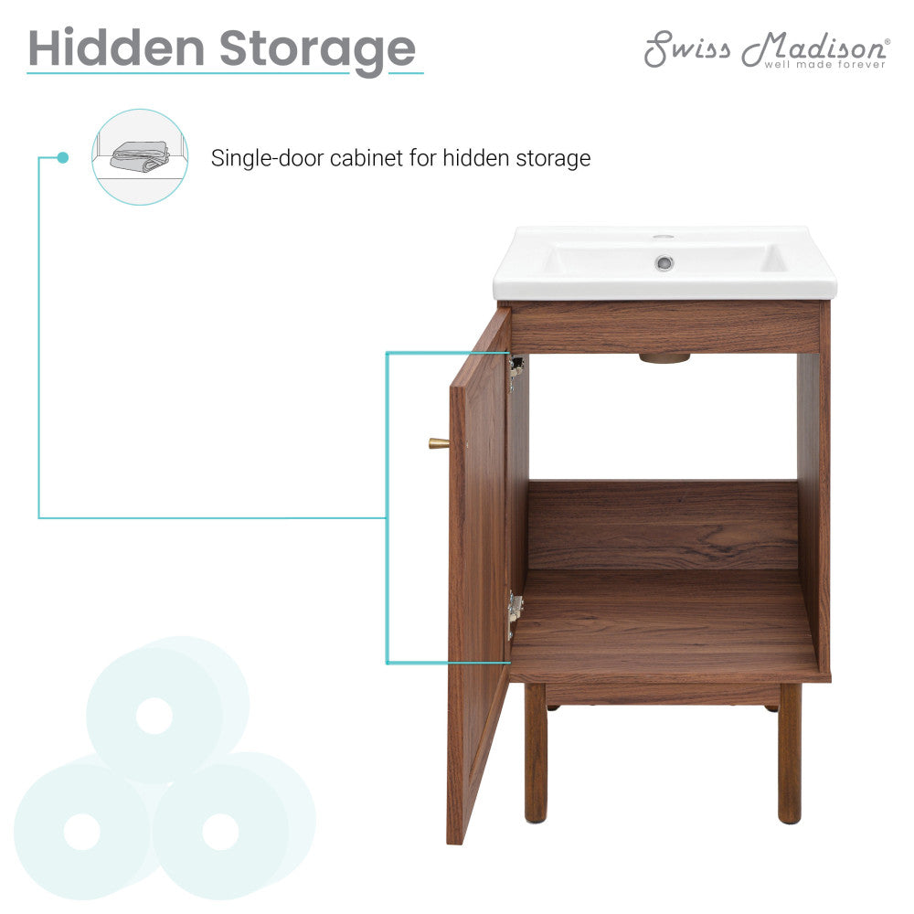 18-inch freestanding bathroom vanity in brown oak with single-door cabinet and white sink top.