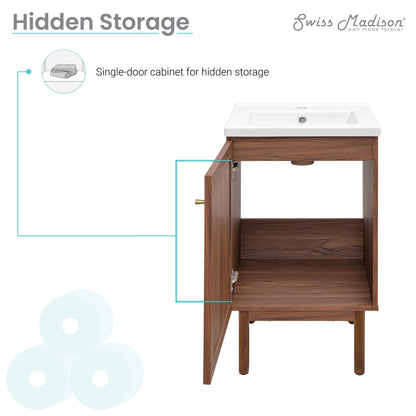 18-inch freestanding bathroom vanity in brown oak with single-door cabinet and white sink top.