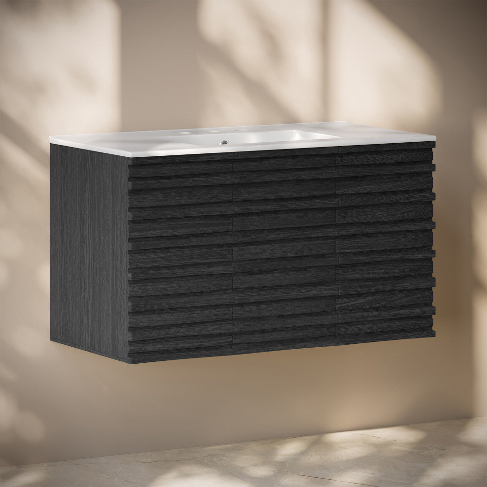 Cascade 36" Wall-Mounted Bathroom Vanity in Black Oak with 3-Hole Widespread Sink Top