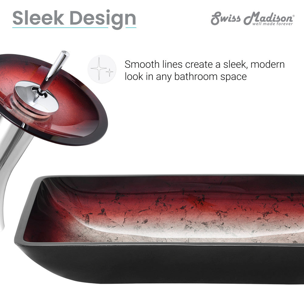 Rectangular glass vessel sink in ember red with matching single-handle faucet, sleek modern design.