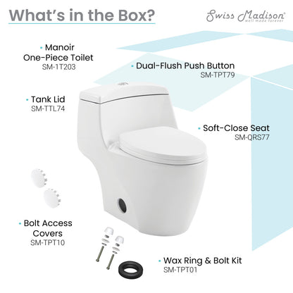 Elongated one-piece toilet with dual-flush push button and soft-close seat, white ceramic.